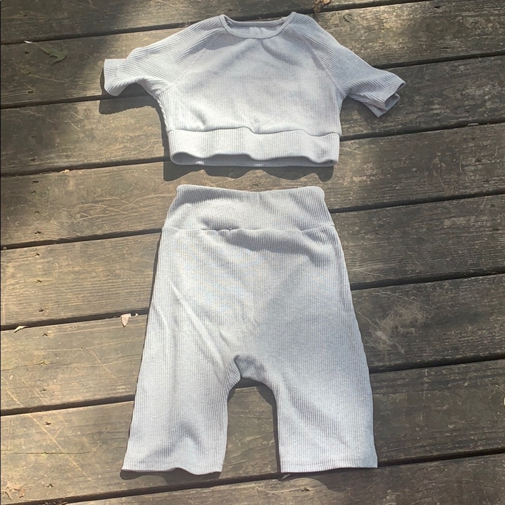 Grey biker shorts set.